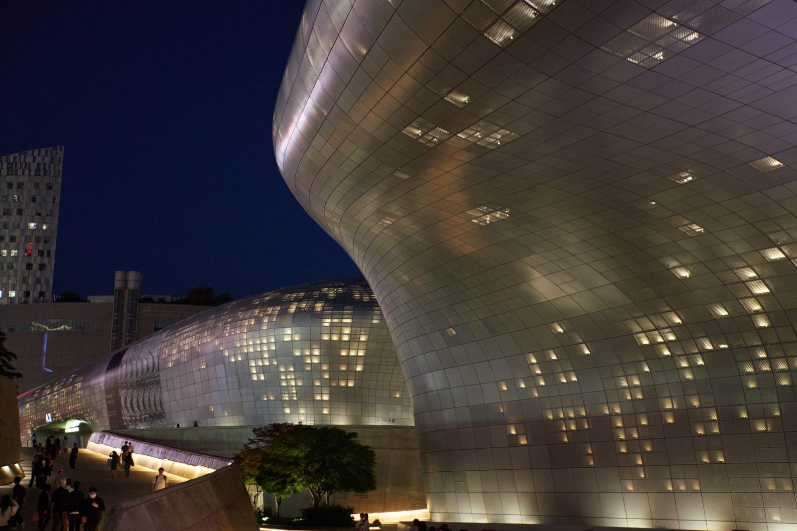 Dongdaemun Design Plaza at night — an XO, Kitty filming location (location photo, not a drama still)
